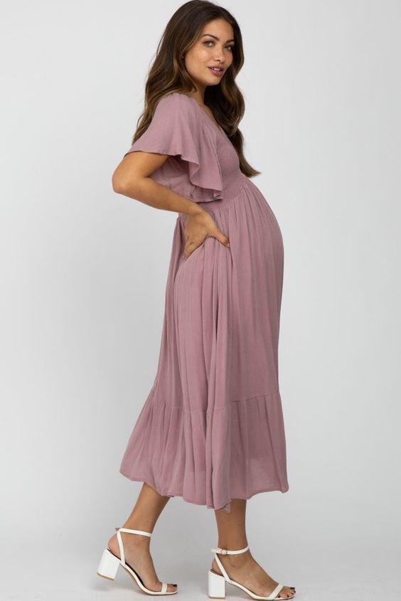 Maternity Midi Dress With Flutter Sleeves